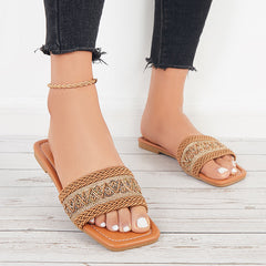 Square Toe Summer Woven Slide Sandals Flat Beach Slippers