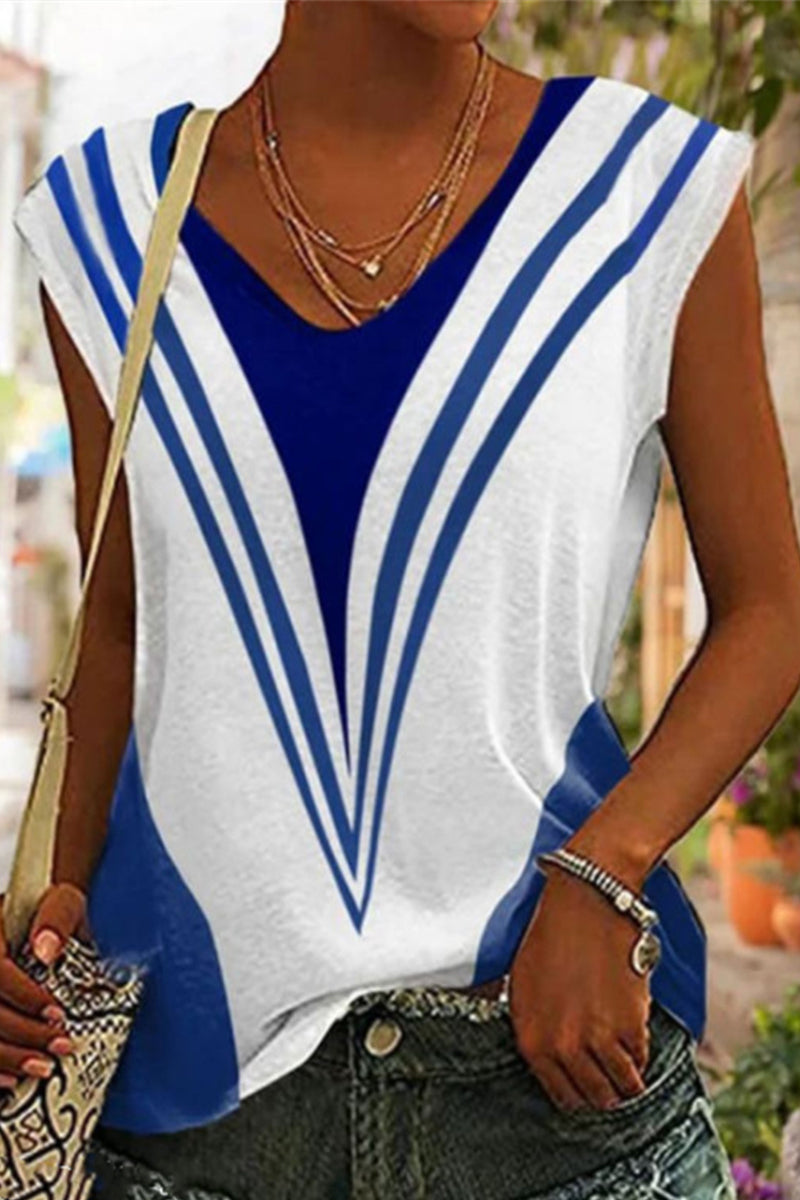 Casual Striped Patchwork V Neck T-Shirts(3 Colors)