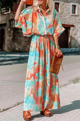 Bohemian Tie Dye Patchwork Turndown Collar Loose Jumpsuits