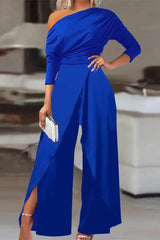 British Style Solid Backless Asymmetrical Oblique Collar Regular Jumpsuits