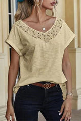 Casual Solid Lace Patchwork V Neck T-Shirts(3 Colors)