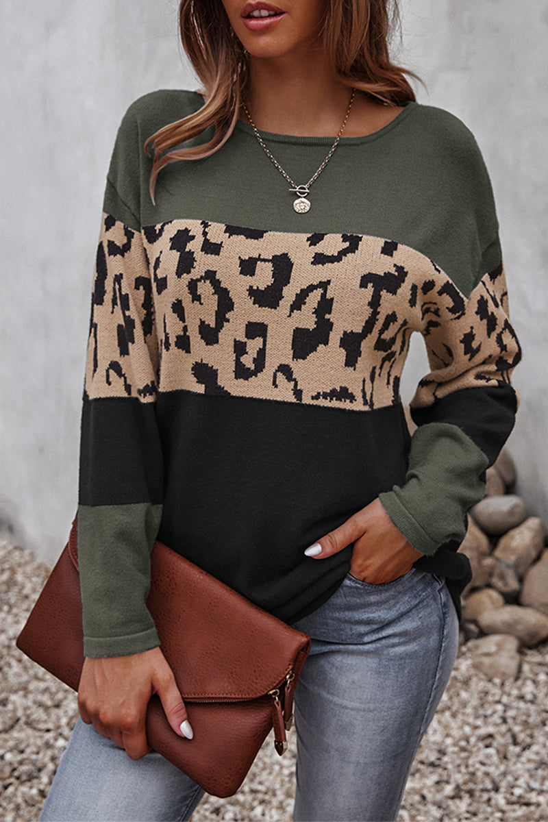 Casual Leopard Patchwork Contrast O Neck Tops