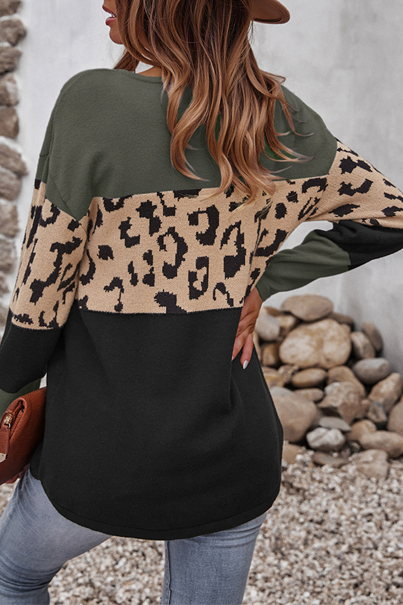 Casual Leopard Patchwork Contrast O Neck Tops