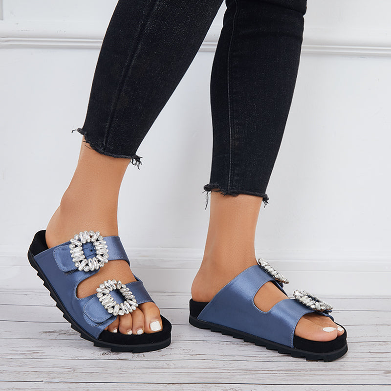 Rhinestone Velcro Platform Slides Slip on Flat Sandals Slippers