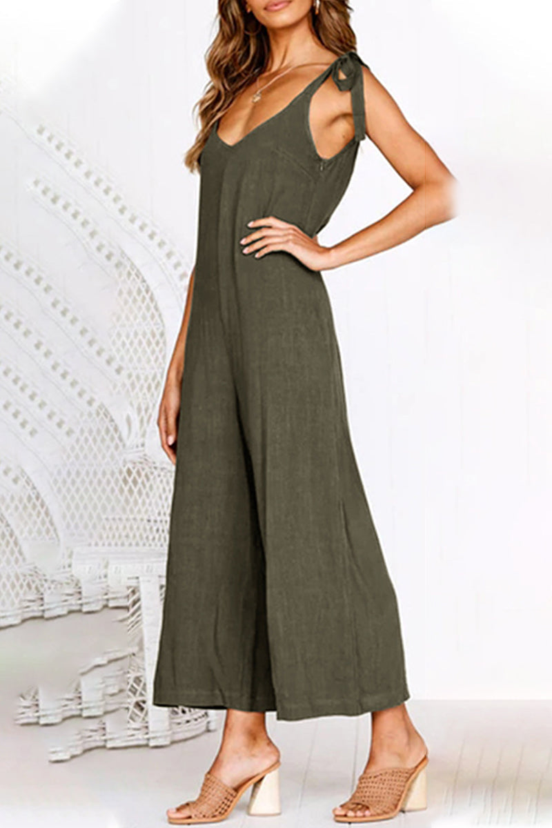 Casual Daily Solid Pocket V Neck Loose Jumpsuits(4 Colors)