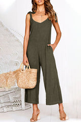 Casual Daily Solid Pocket V Neck Loose Jumpsuits(4 Colors)