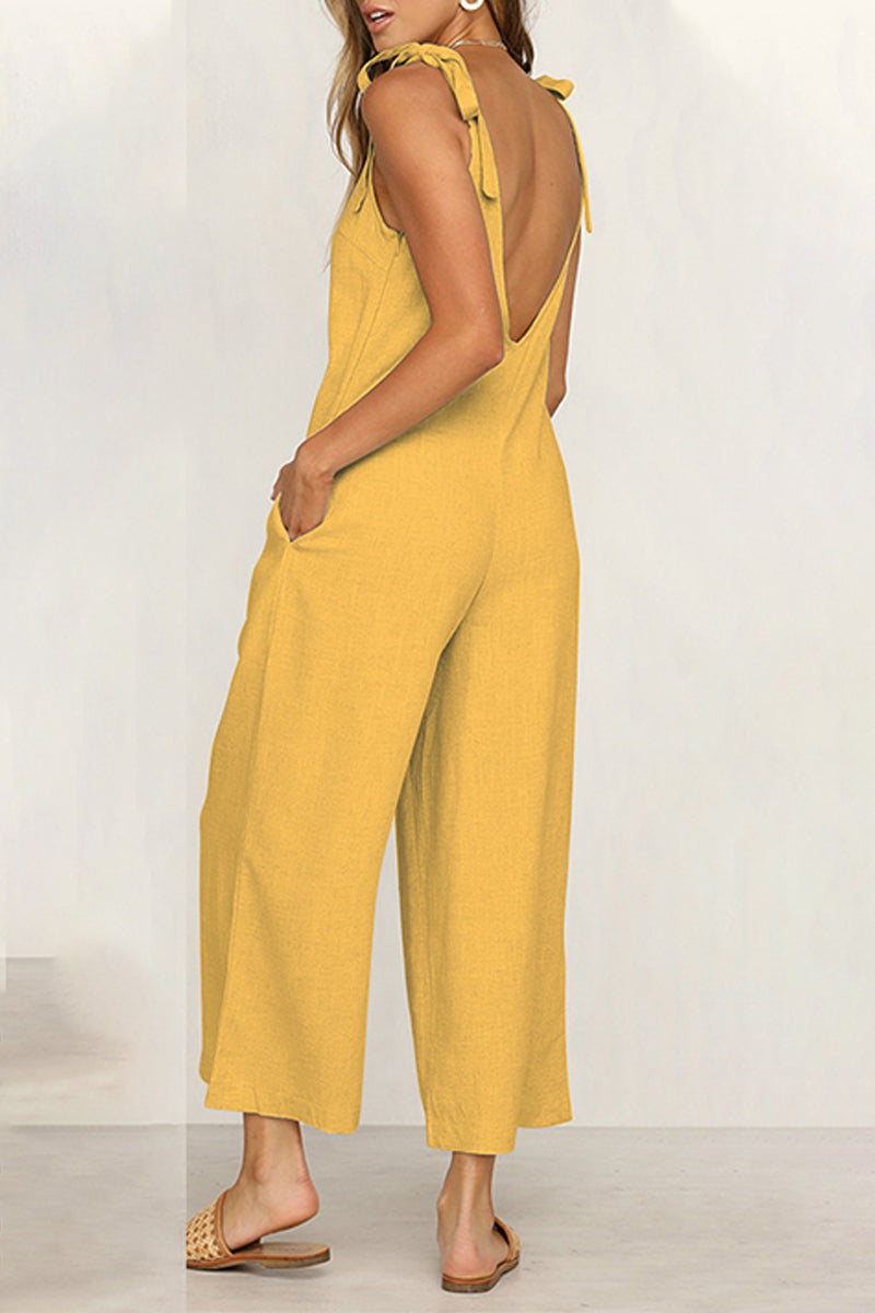 Casual Daily Solid Pocket V Neck Loose Jumpsuits(4 Colors)