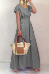 Casual Elegant Solid With Belt O Neck Waist Skirt Dresses