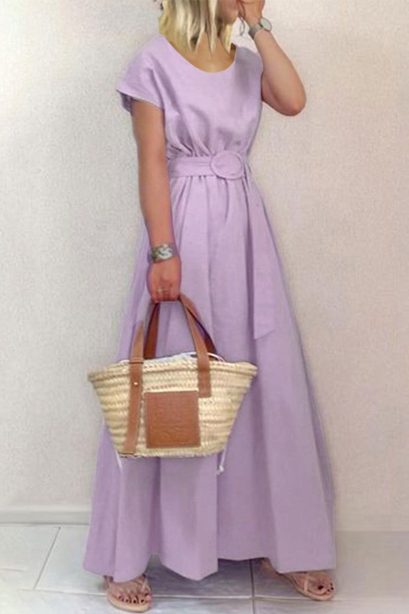 Casual Elegant Solid With Belt O Neck Waist Skirt Dresses