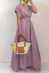 Casual Elegant Solid With Belt O Neck Waist Skirt Dresses