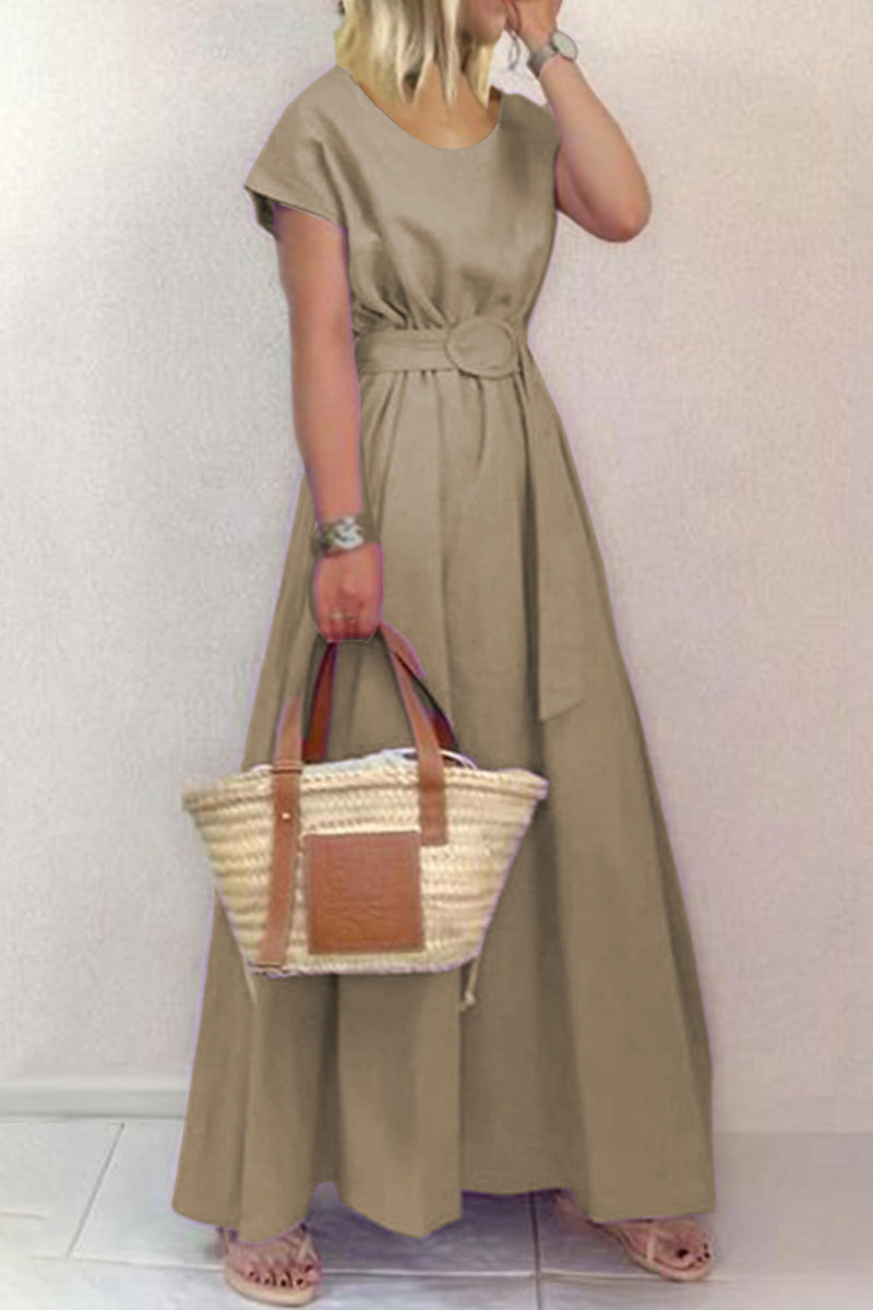 Casual Elegant Solid With Belt O Neck Waist Skirt Dresses