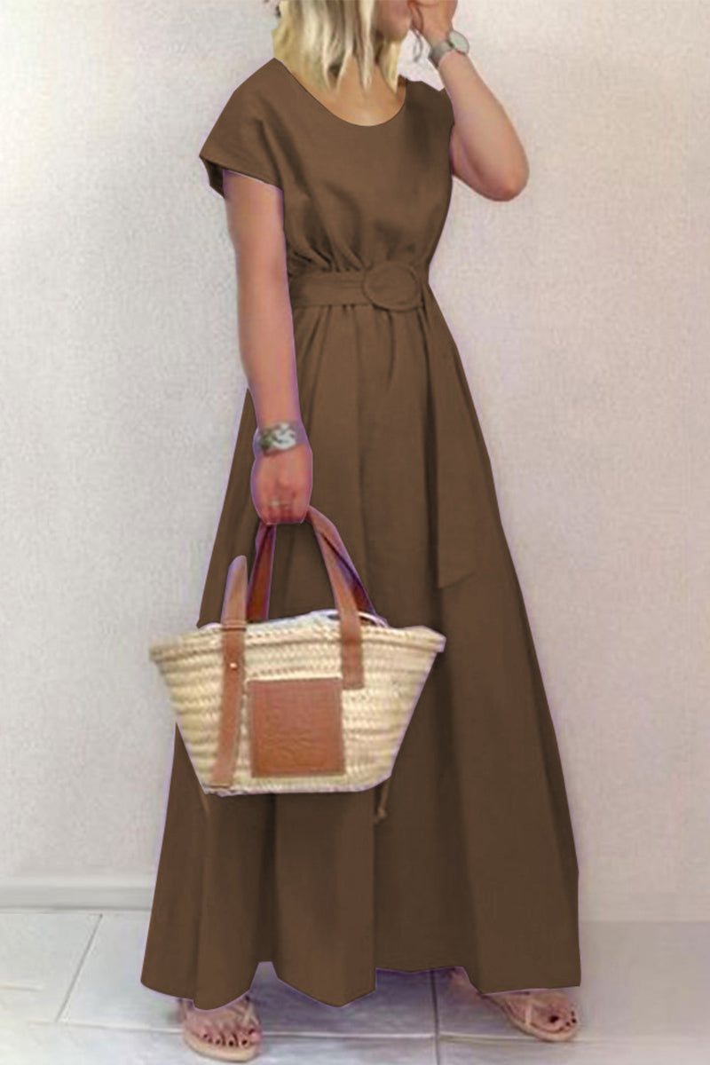 Casual Elegant Solid With Belt O Neck Waist Skirt Dresses