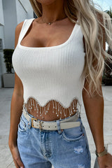 Sexy Solid Tassel Patchwork Hot Drill U Neck Tops