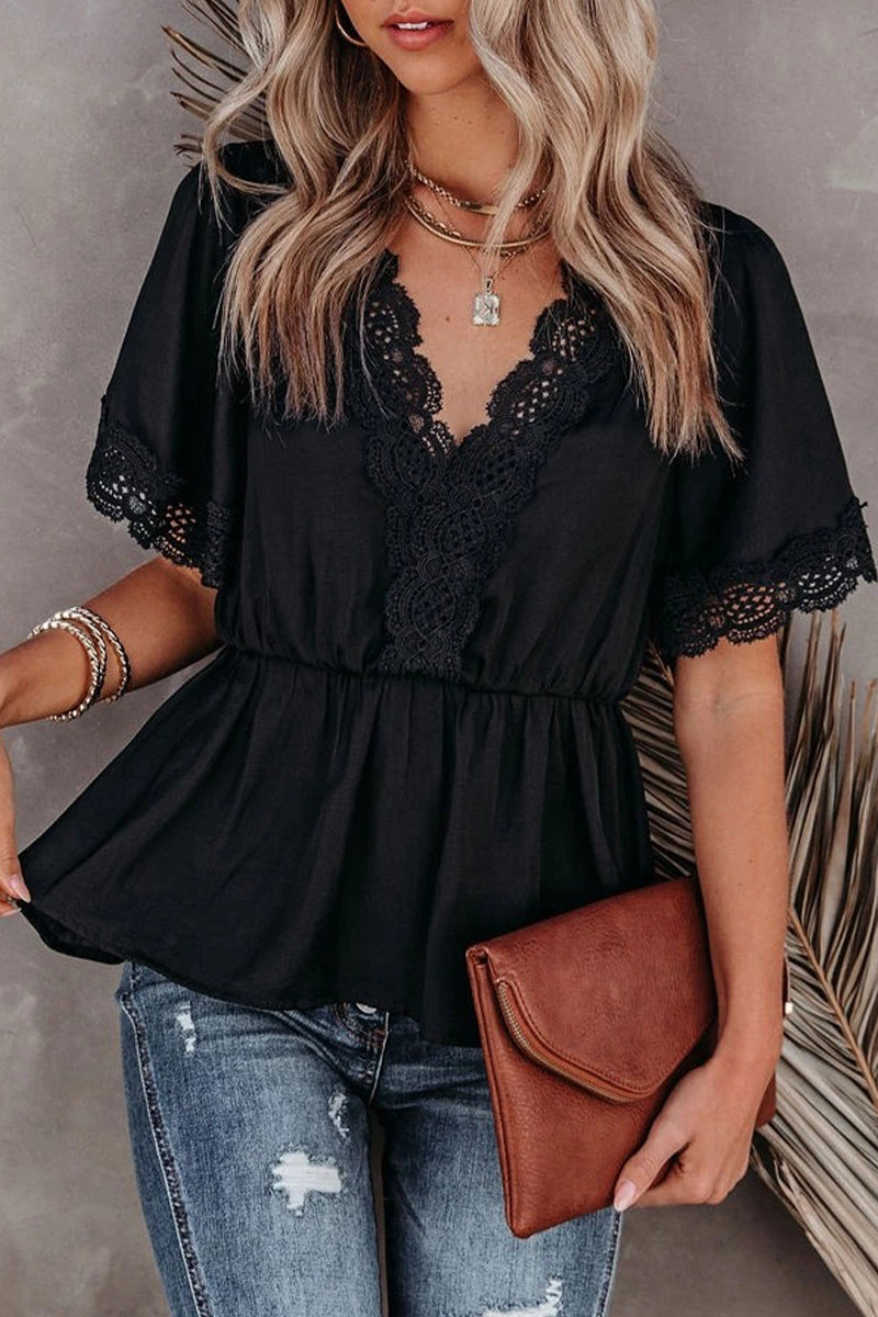 Casual Solid Patchwork V Neck Blouses(4 Colors)