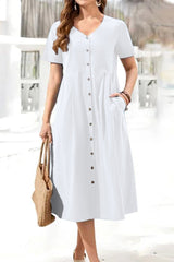 Casual College Solid Pocket Buckle V Neck Short Sleeve Dress Dresses