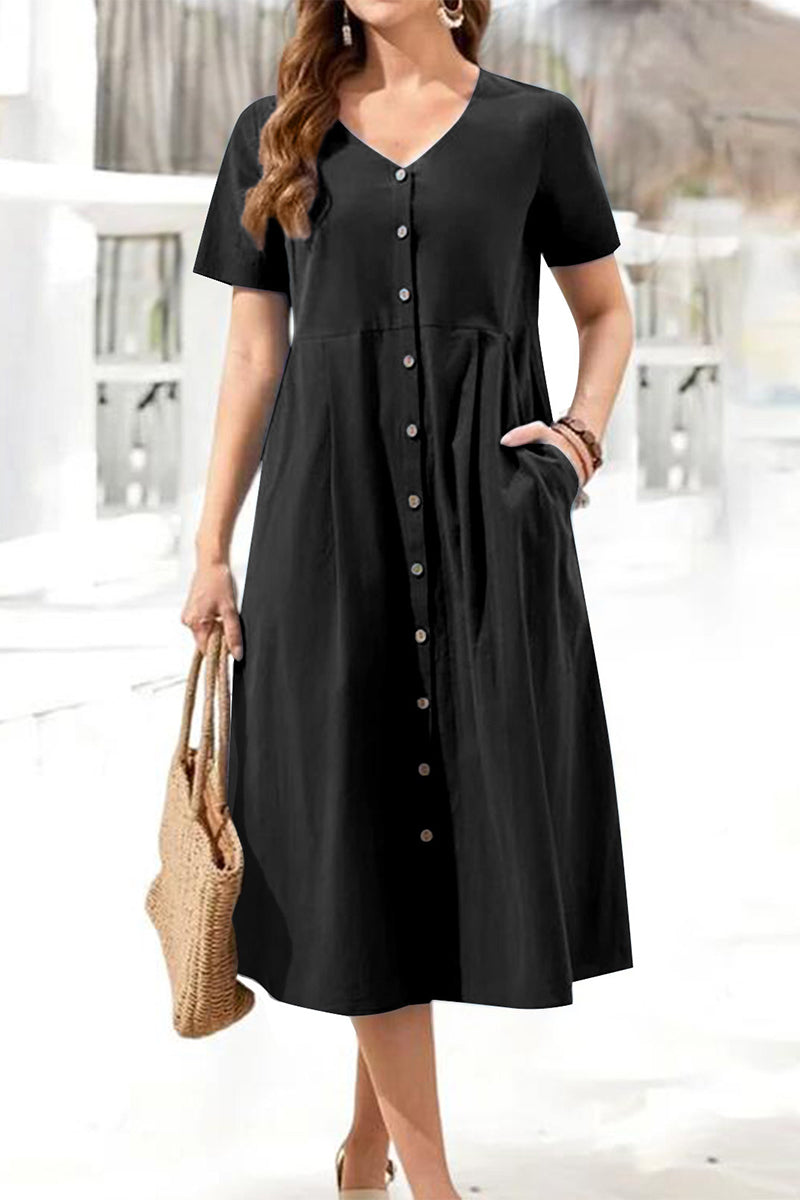 Casual College Solid Pocket Buckle V Neck Short Sleeve Dress Dresses