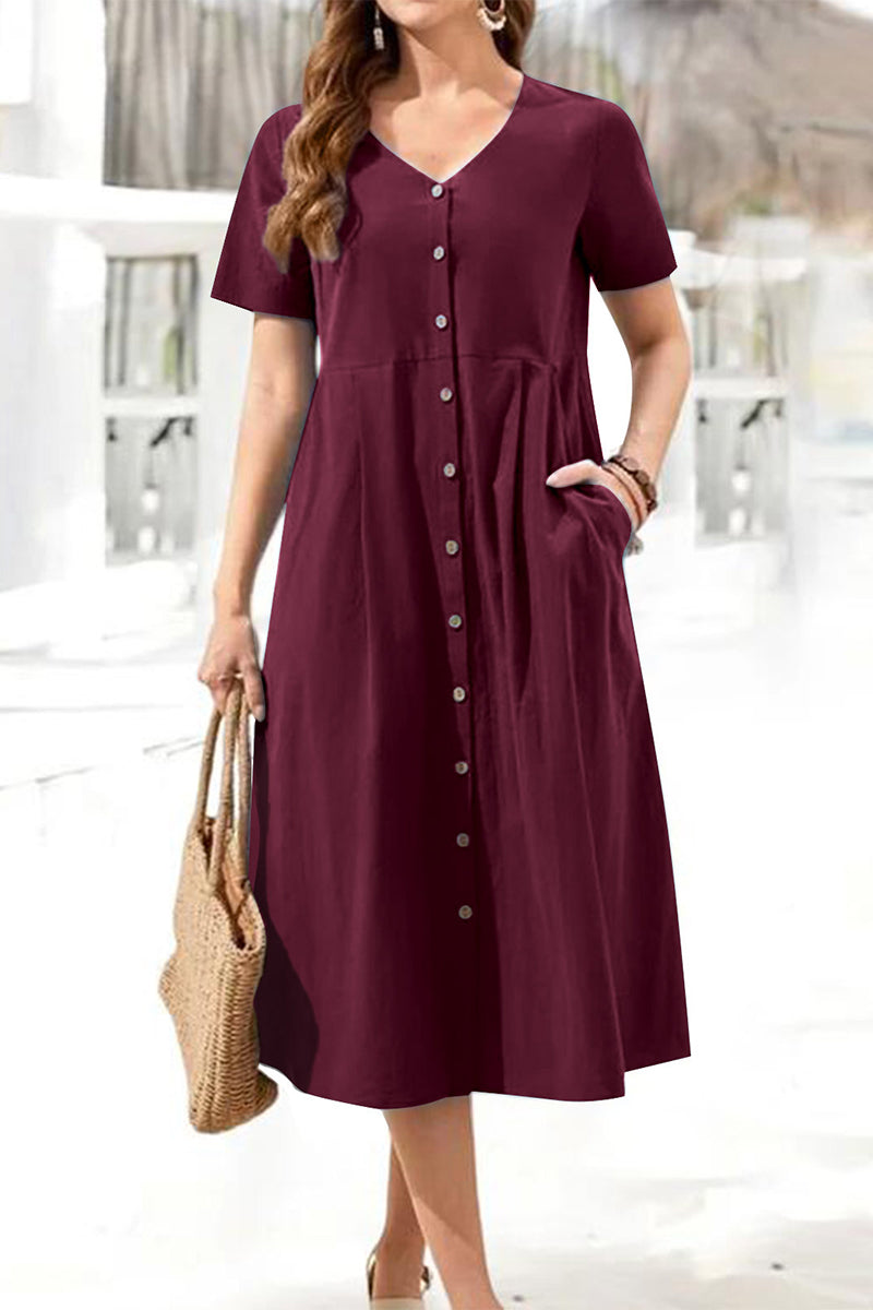 Casual College Solid Pocket Buckle V Neck Short Sleeve Dress Dresses