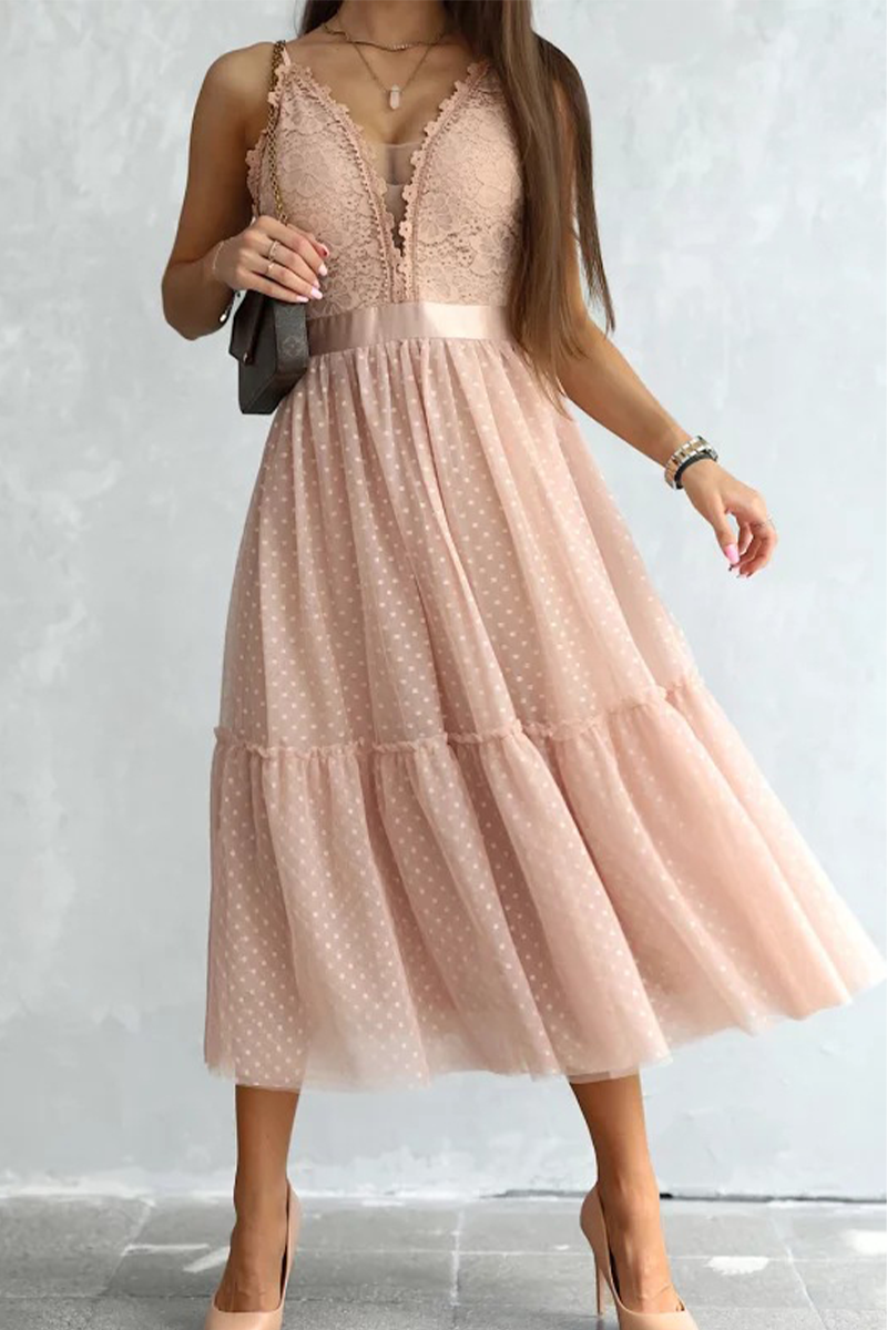 Casual Patchwork Lace Spaghetti Strap Cake Skirt Dresses