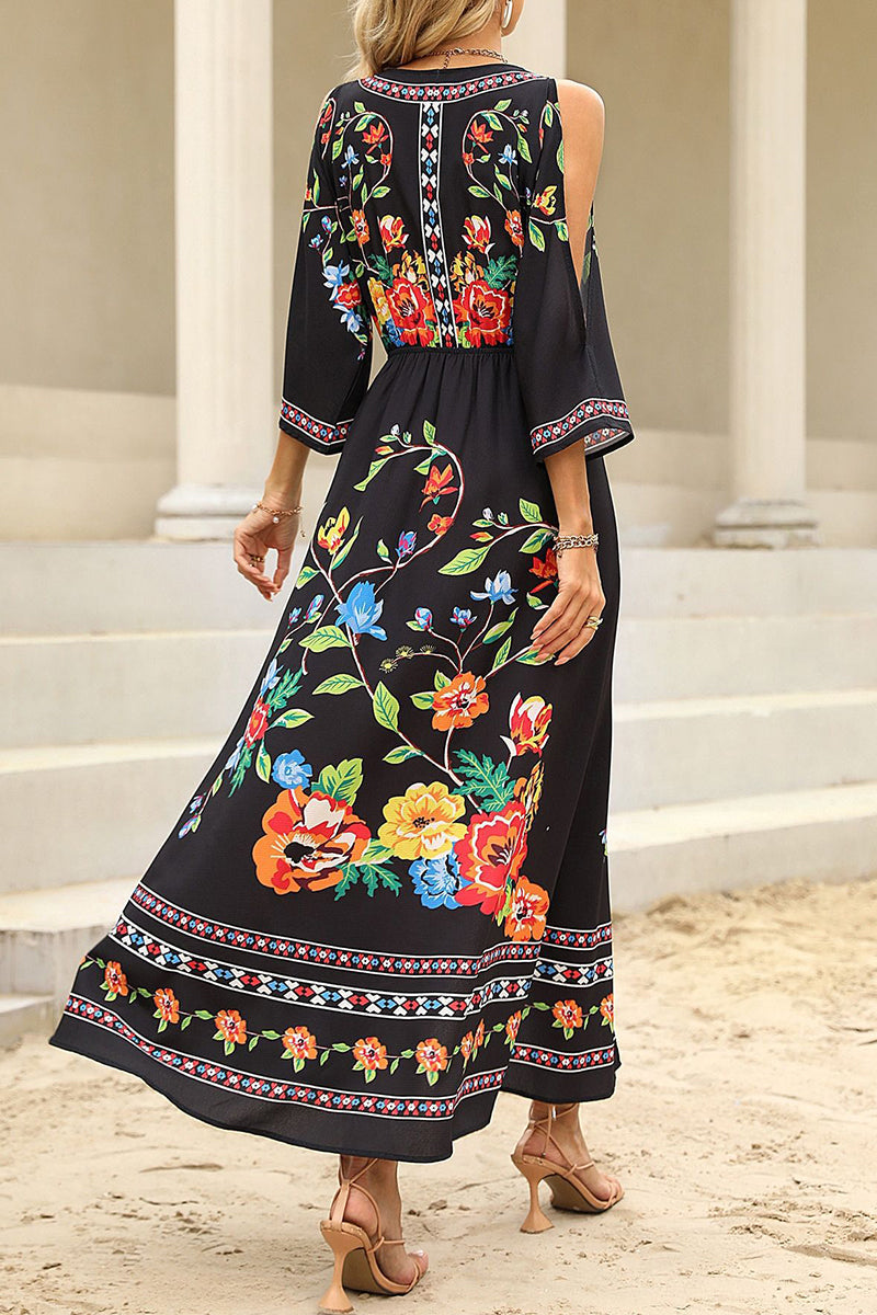 Bohemian College Floral Slit V Neck A Line Dresses