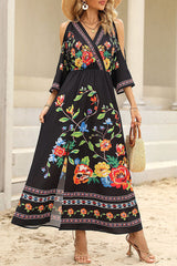 Bohemian College Floral Slit V Neck A Line Dresses