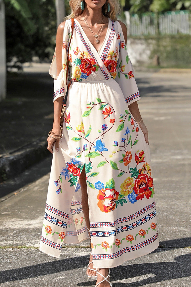 Bohemian College Floral Slit V Neck A Line Dresses