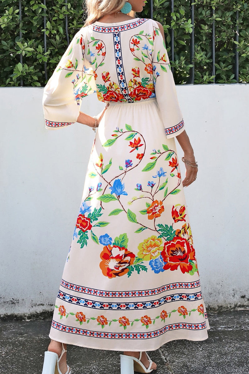 Bohemian College Floral Slit V Neck A Line Dresses