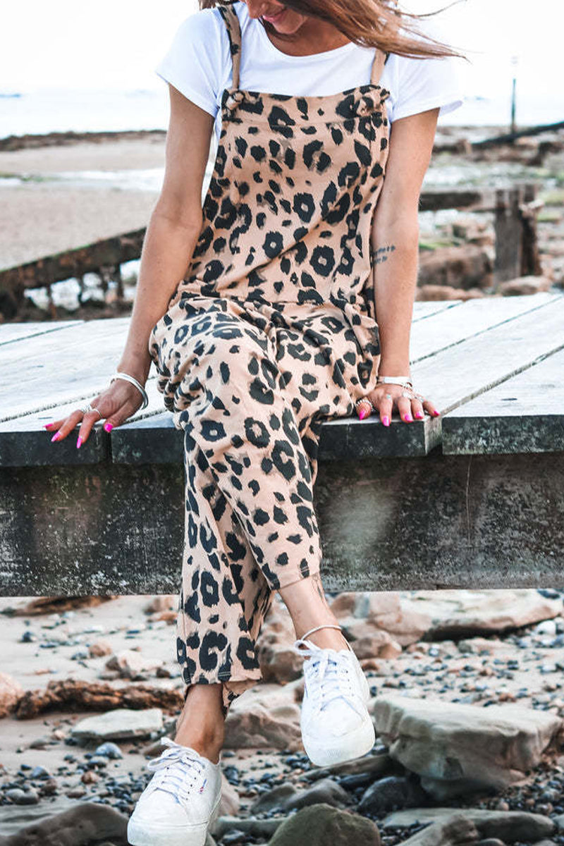 Casual College Leopard Patchwork Loose Jumpsuits