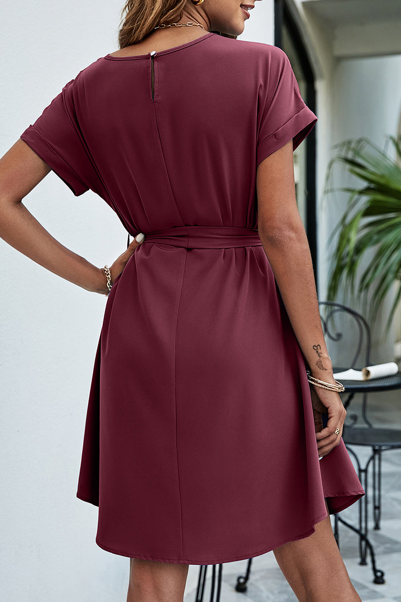 Casual Daily Solid Bandage O Neck Waist Skirt Dresses