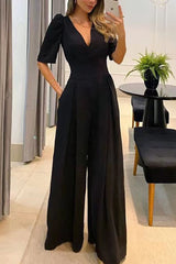 Casual Elegant Solid Pocket V Neck Straight Jumpsuits