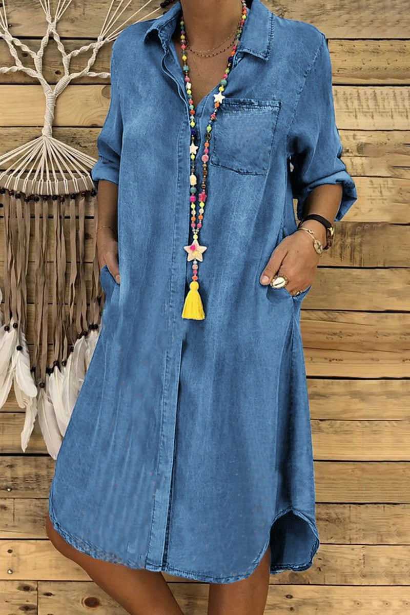 Casual Solid Pocket Buckle Shirt Collar Long Sleeve Loose Denim Dresses