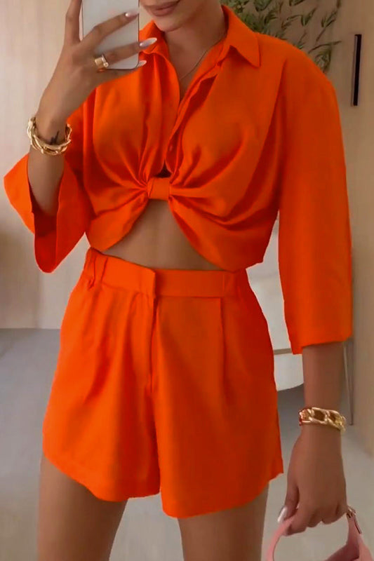 Casual Simplicity Solid Frenulum Turndown Collar Three Quarter Two Pieces(3 Colors)