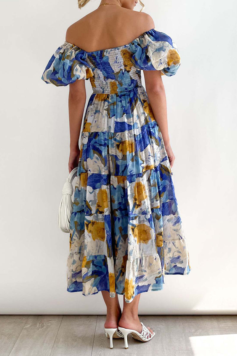 Sweet Elegant Print Asymmetrical Off the Shoulder Printed Dress Dresses
