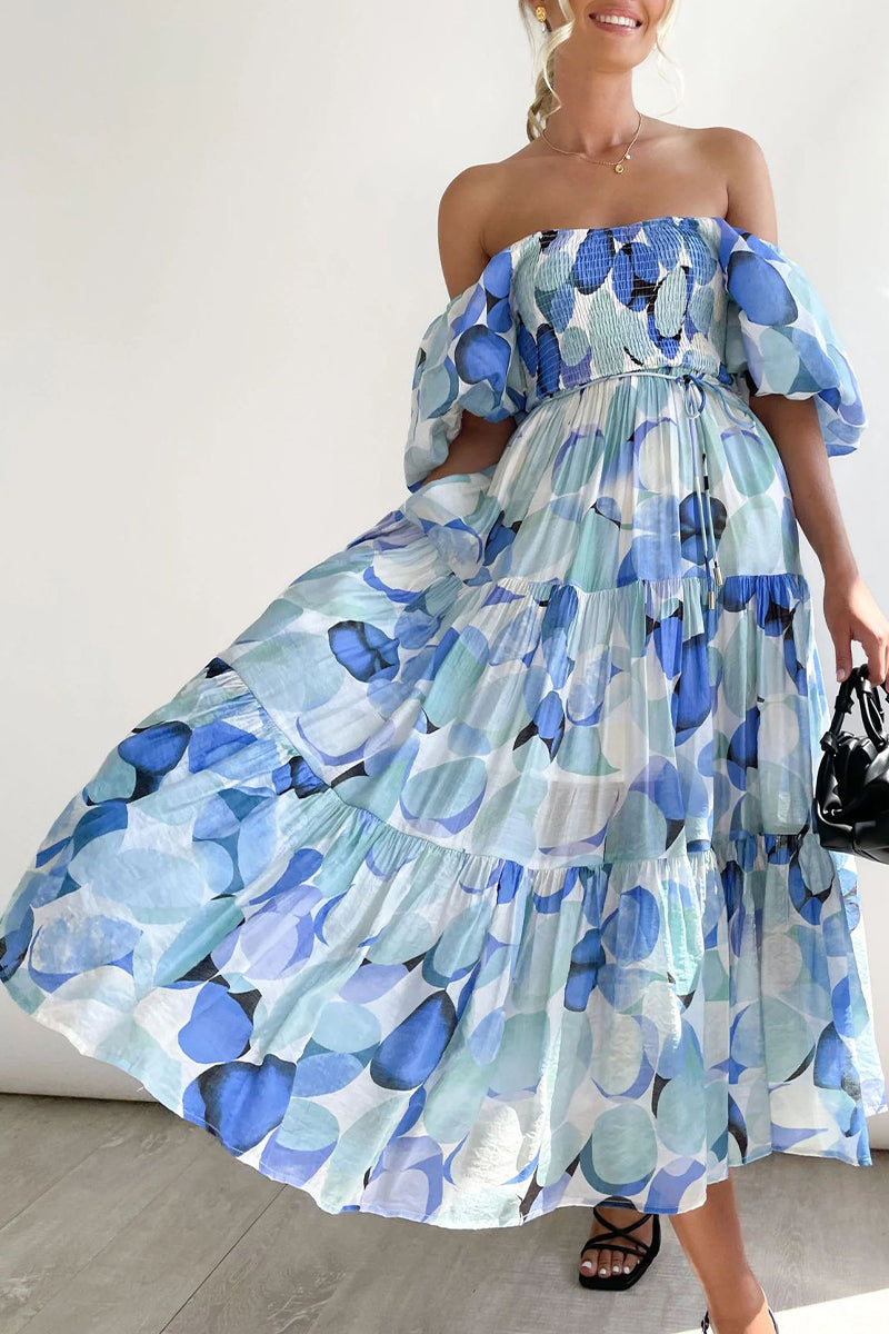 Sweet Elegant Print Asymmetrical Off the Shoulder Printed Dress Dresses