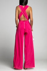 Casual Elegant Solid Backless Cross Straps V Neck Jumpsuits