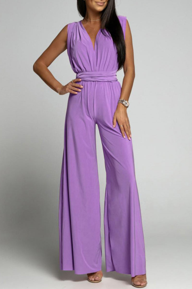 Casual Elegant Solid Backless Cross Straps V Neck Jumpsuits