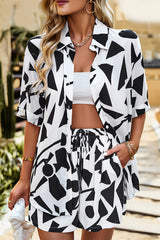 Casual Daily Geometric Print Contrast Turndown Collar Short Sleeve Two Pieces