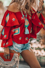 Bohemian College Geometric Patchwork Off the Shoulder Tops