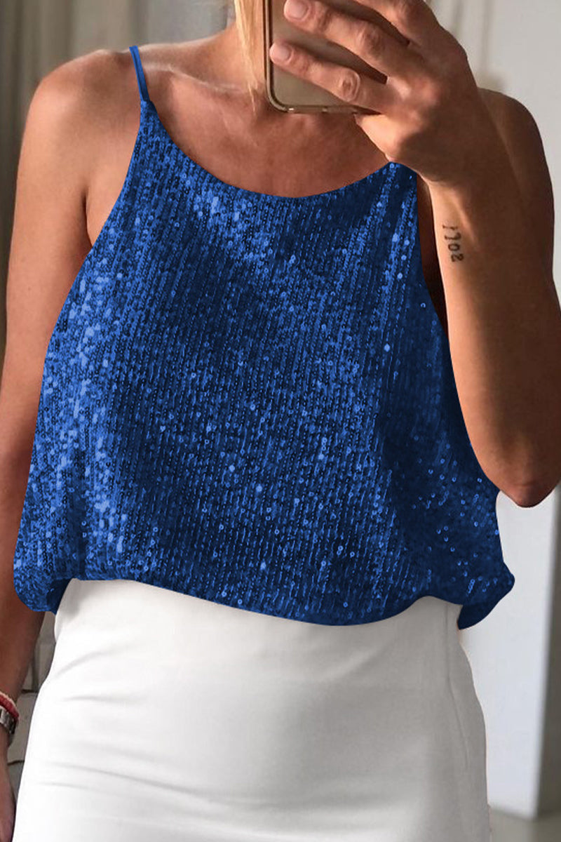 Sexy Solid Sequins Sequined V Neck Tops