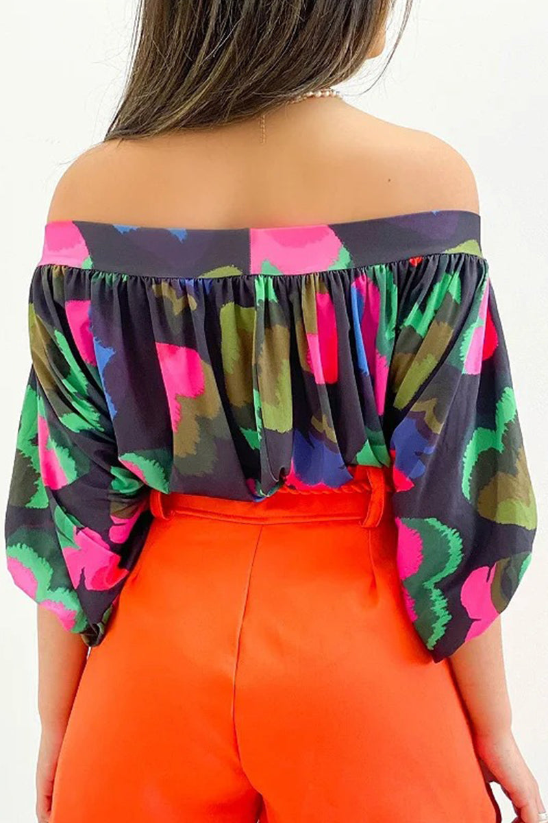 Casual Print Patchwork Off the Shoulder T-Shirts(4 Colors)