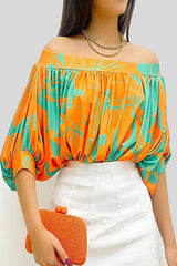 Casual Print Patchwork Off the Shoulder T-Shirts(4 Colors)