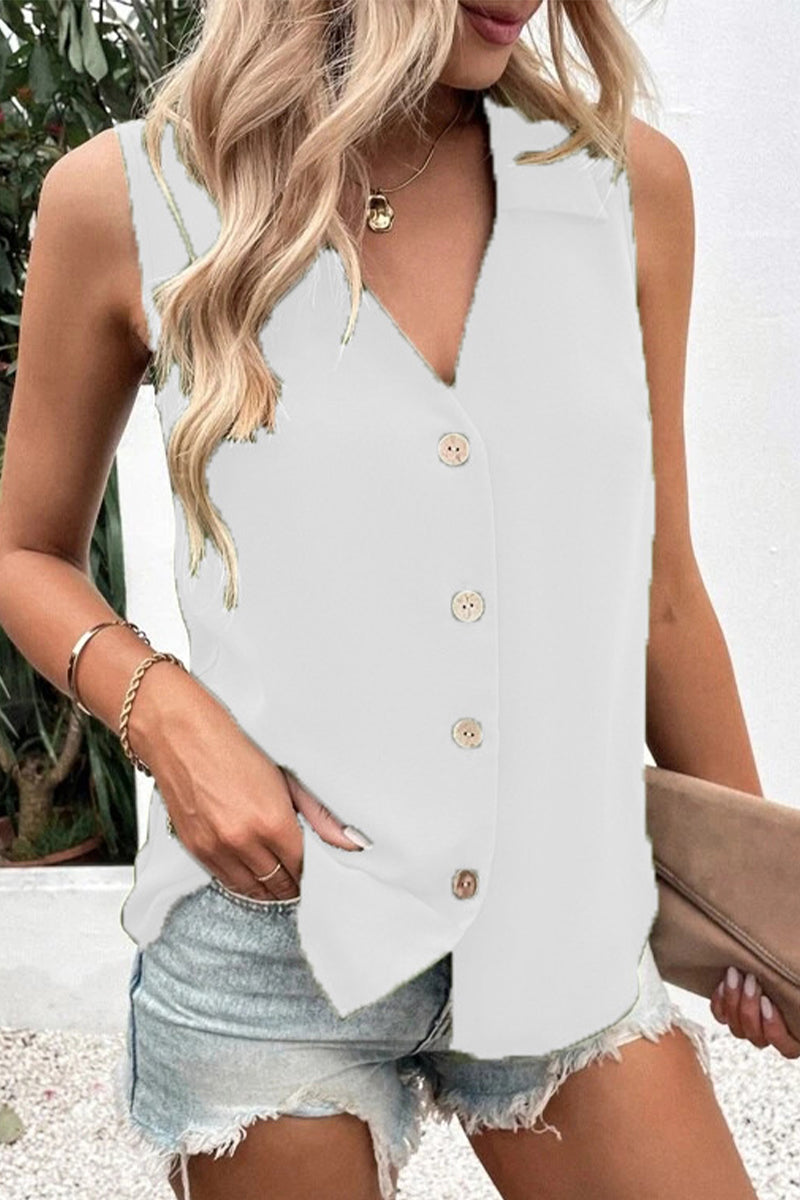 Daily Simplicity Solid Buttons V Neck Tops