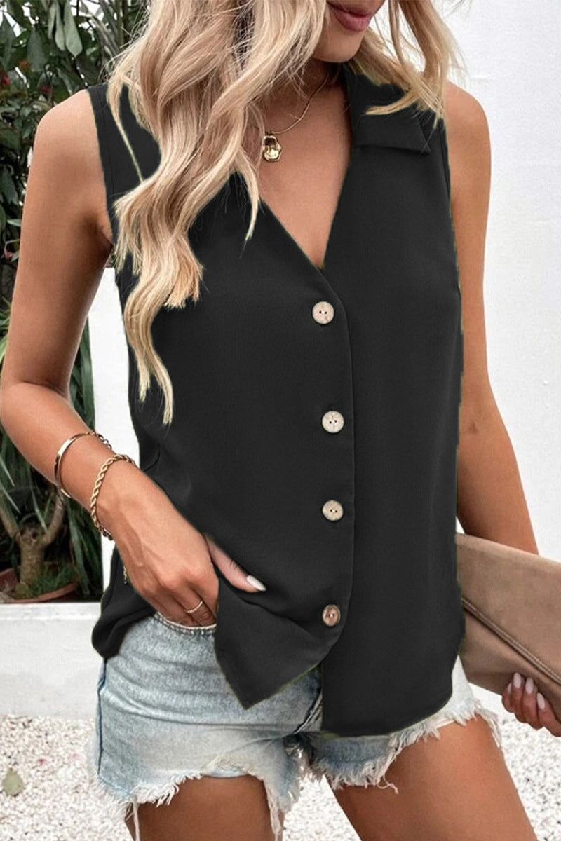 Daily Simplicity Solid Buttons V Neck Tops