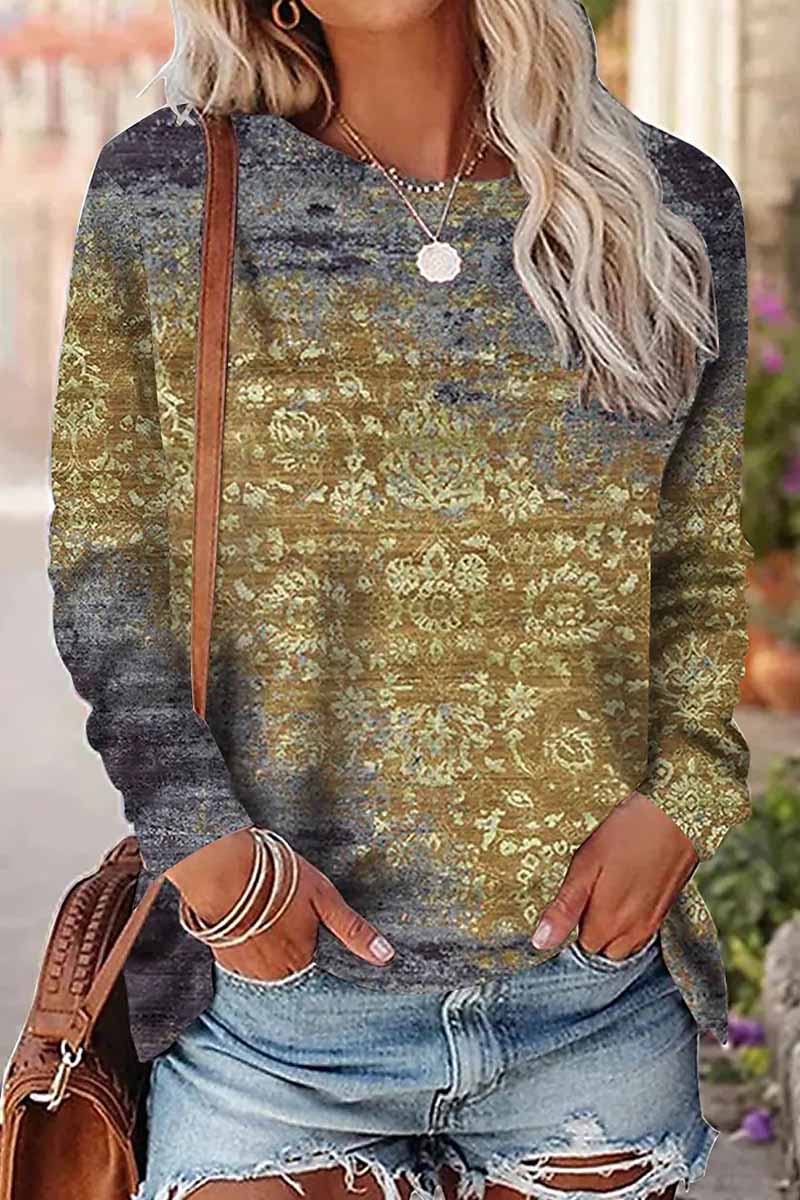 Casual Print Patchwork O Neck Tops