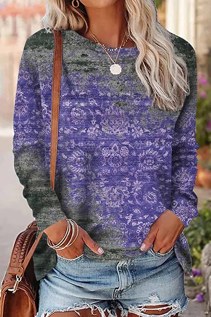 Casual Print Patchwork O Neck Tops