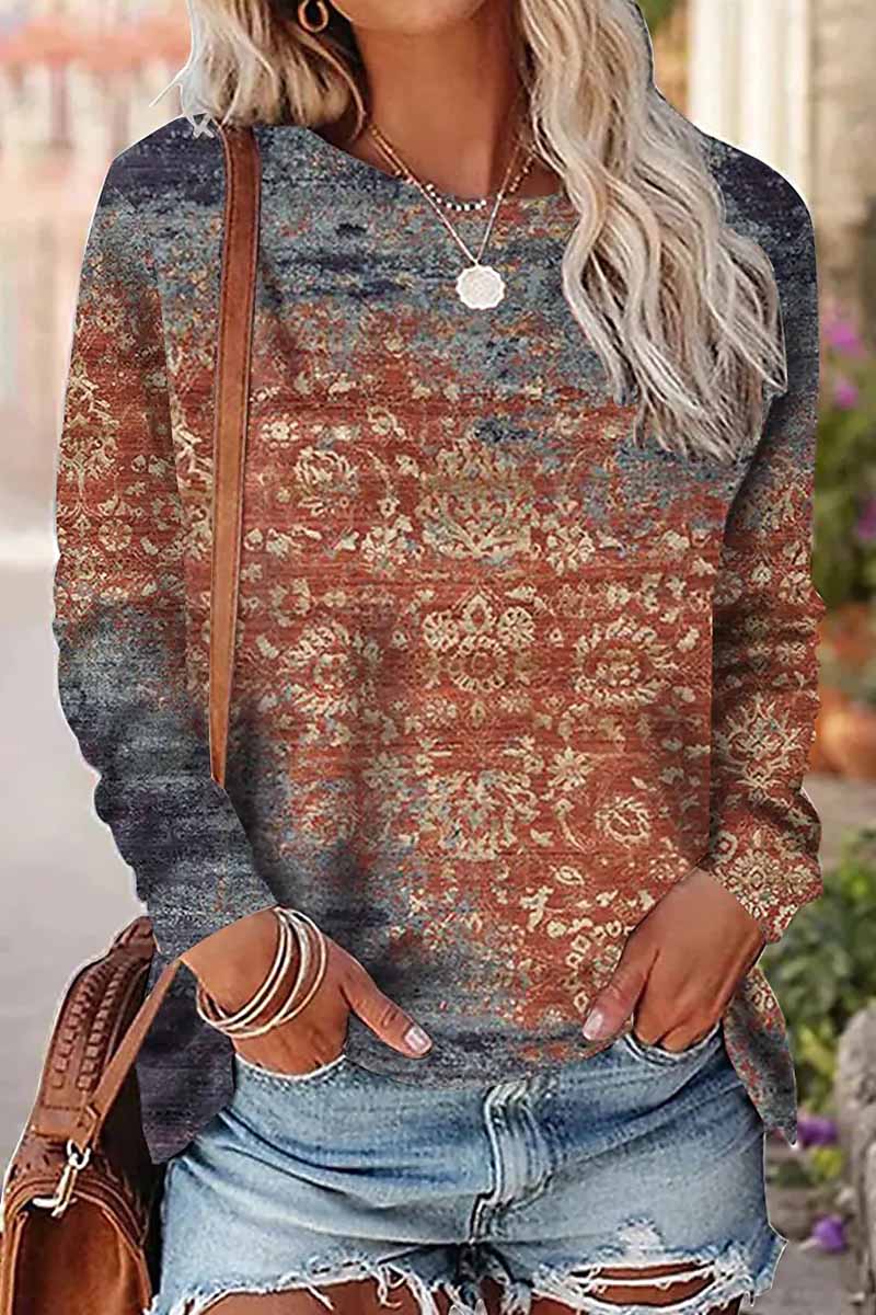 Casual Print Patchwork O Neck Tops