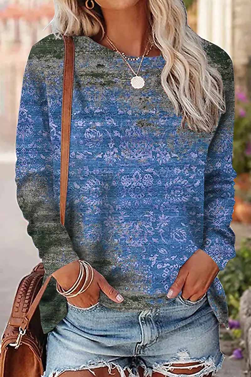 Casual Print Patchwork O Neck Tops