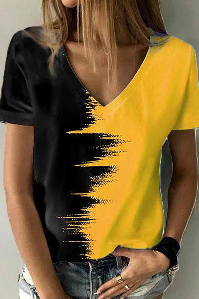 Street Print Patchwork V Neck T-Shirts(12 Colors)