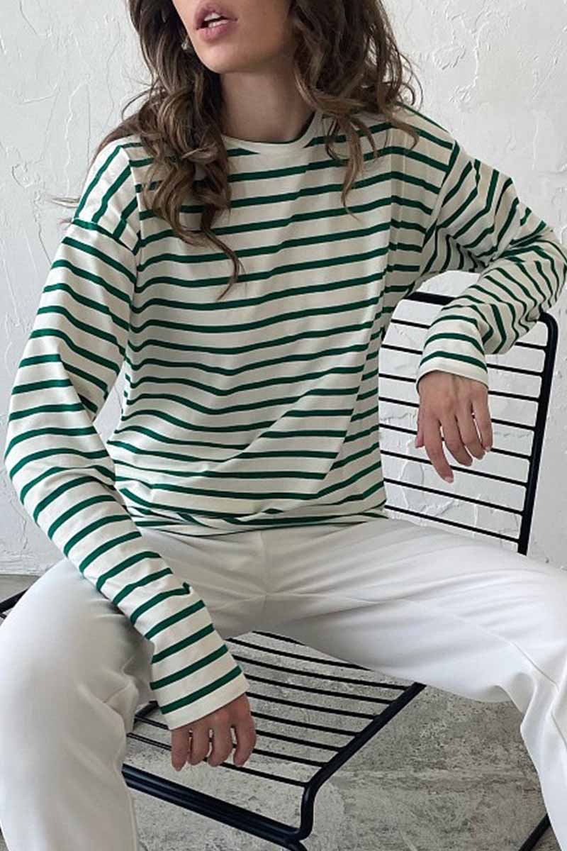 Casual Striped Patchwork O Neck Tops