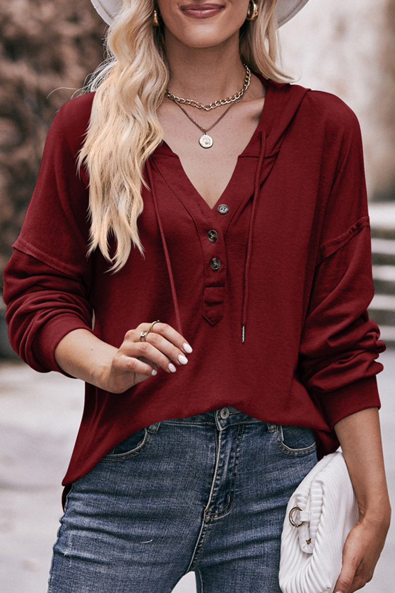 Casual Solid Buttons Hooded Collar Tops