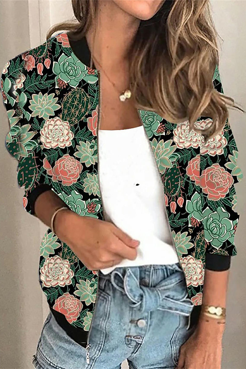 Casual Print Patchwork O Neck Outerwear